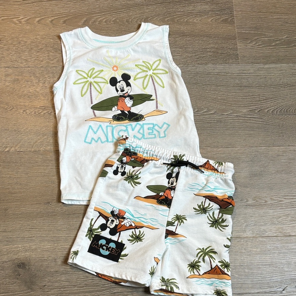 Disney White Tank Top & Shorts Set with Green and Orange Surf Mickey